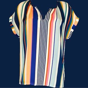Anthropologie W5 Women Stripe Short Sleeve Roll Sleeve Top Multi-Color Size L